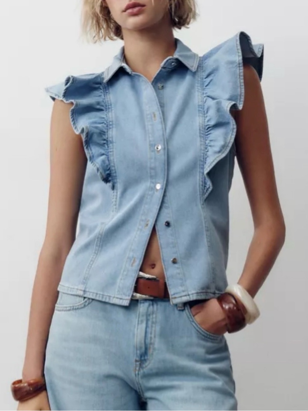 ZARA Denim mid blue ruffle shirt with buttons